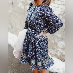 This LOFT Navy Boho Paisley Patterned Long Sleeve Dress with Belt